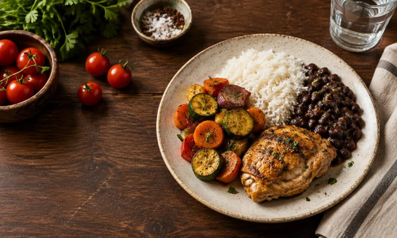 Refeição caseira com arroz, feijão, legumes e frango